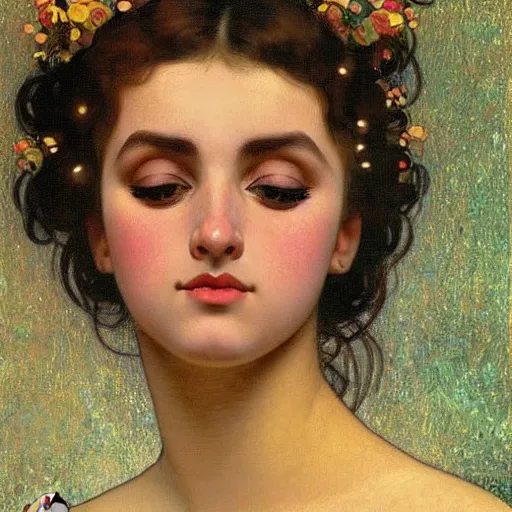 Image similar to vector illustration of a overtanned instagram influenza girl, siliconized lips, doing a make up tutorial, artstation, smooth, sharp focus, art by gustav klimt - alphonse mucha - adolphe bouguereau