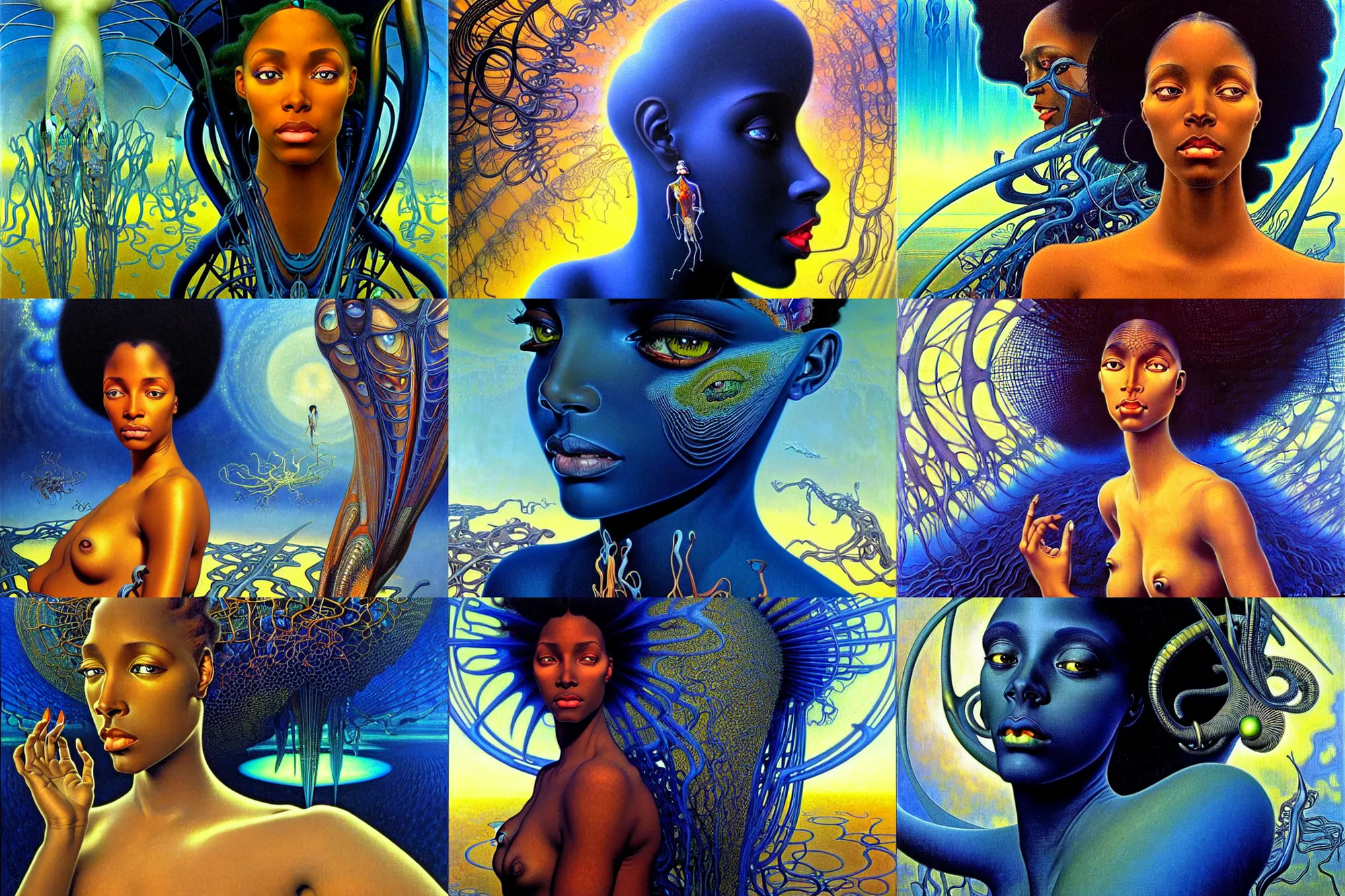 Prompt: realistic extremely detailed portrait painting of a beautiful black woman, futuristic sci-fi landscape on background by Jean Delville, Amano, Yves Tanguy, Alphonse Mucha, Ernst Haeckel, Edward Robert Hughes, Roger Dean, rich moody colours, blue eyes