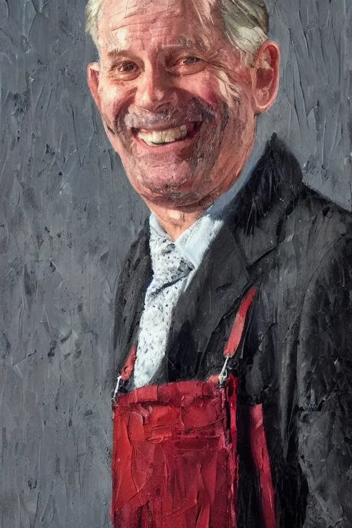 Image similar to palette knife oil painting portrait of lars erickson, a greying man who is relaxed and reliant. he wears a suit shirt with no jacket, red suspenders, a loose tie, and folded up sleeves. dashing smile., extreme detail, artstation trending, noir, artgerm, any racial background, deviant art, octane, substance, art history 8 k