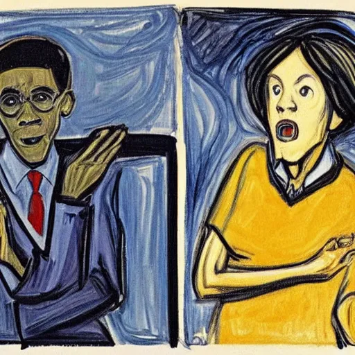 Prompt: obama and harry potter together shouting in unison on the scream edvard munch's painting, museum masterpiece, worth a lot