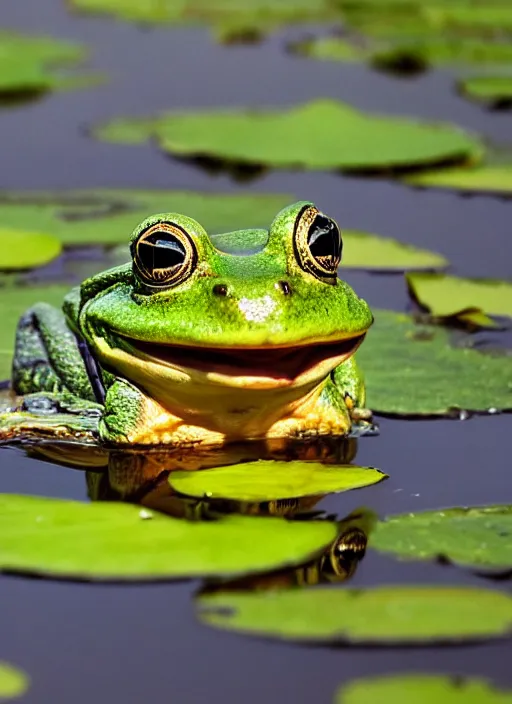 Prompt: close - up of a smiling frog in the pond with water lilies, medieval castle on background, shallow depth of field, highly detailed, autumn, rain, bad weather, ominous, digital art, masterpiece, matte painting, sharp focus, matte painting, by isaac levitan, asher brown durand,