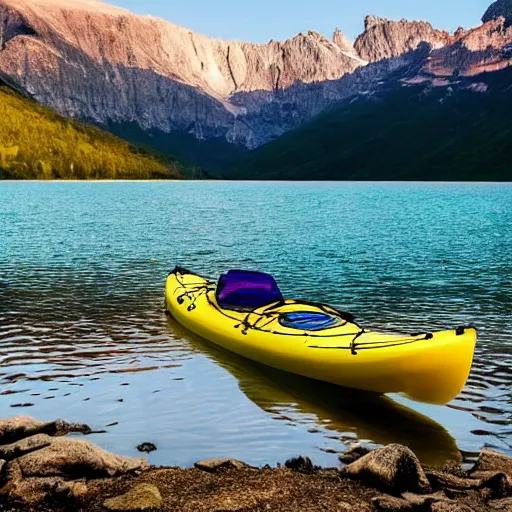 Prompt: a beautiful image of a breathtaking lake with amazing mountains in the background, there is a kayak in the foreground on the beach. landscape image