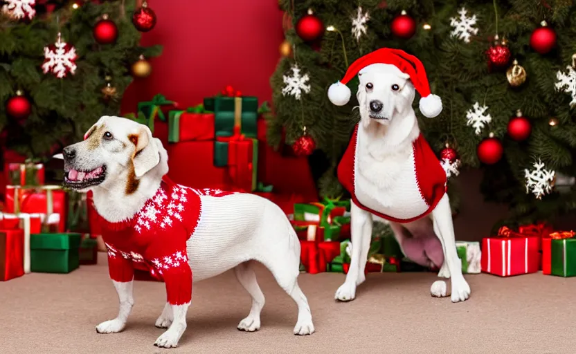 Prompt: studio photography of a dog wearing a woolen christmas sweater in front of a christmas tree, detailed face, cinematic lighting, 8 k