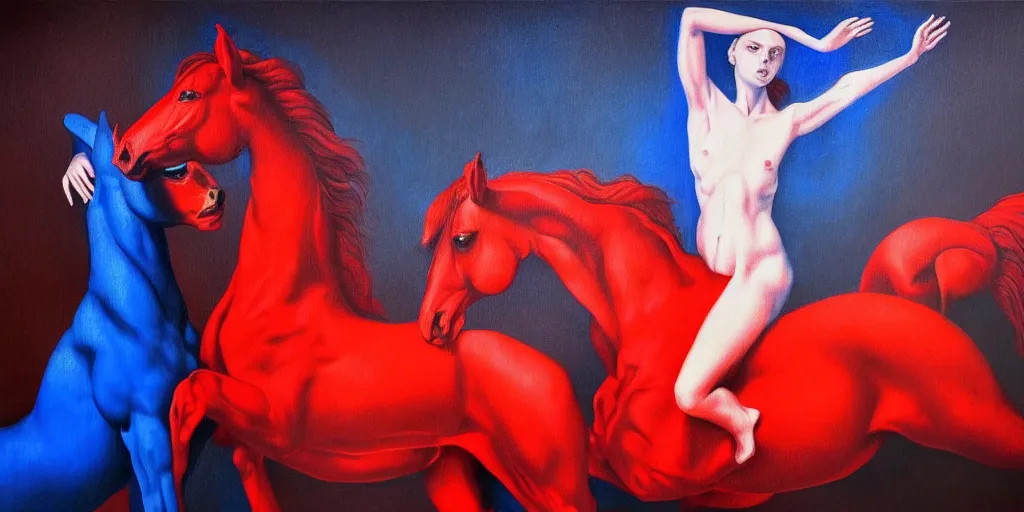 Prompt: only with blue, ney motogrosso in love with a red stallion, too many hands in all directions, in hoc signo vinces, waterfall, in the style of leonora carrington, gottfried helnwein, intricate composition, blue light by caravaggio, insanely quality, highly detailed, masterpiece, red light, artstation