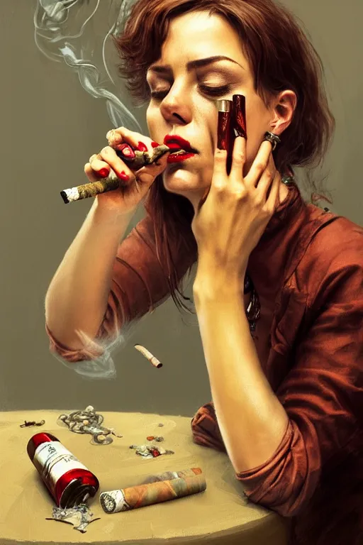 Image similar to dirty faced and very tired womanlooking pile smoking a winebottle, drugs, cigarrette boxes at the table, fantasy, intricate, elegant, highly detailed, digital painting, artstation, concept art, addiction, chains, smooth, sharp focus, illustration, art by Ilja Repin