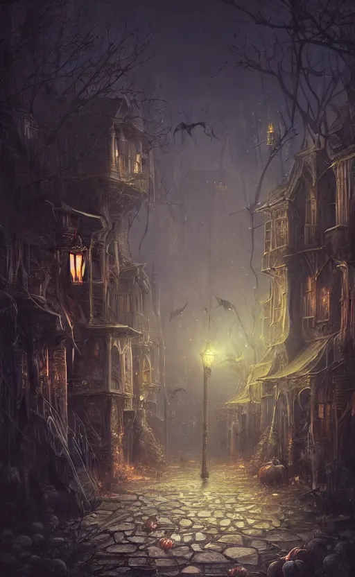 Image similar to dark fantasy concept art of a neighbor hood view at night of a Halloween decorated street, dynamic lighting, photorealistic, cinematic, ultra detailed, trending on art station, creepy, lonely vibe, stunning visuals, extreme detail, eery vibe