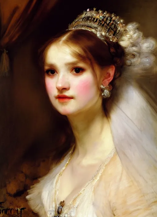 Prompt: closeup face profile portrait of a gothic princess in white baroque dress. by henriette ronner - knip, by william henry hunt, by rembrandt, by joseph mallord william turner, by konstantin razumov, concept art