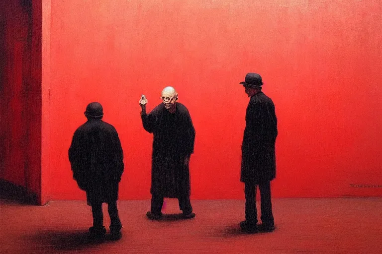 Image similar to only with red, a red old man try to sell a portrait, cheering crowd, in a old city square, in the style of beksinski, parts by edward hopper, parts by rodcenko, parts by yue minjun, intricate and epic composition, red by caravaggio, insanely quality, highly detailed, masterpiece, red light, artstation, 4 k