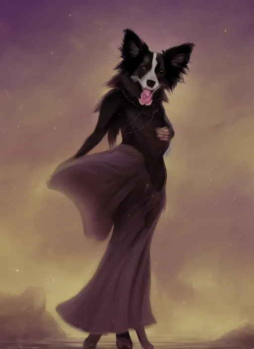 Image similar to wide angle beautiful full body portrait of a strong male anthropomorphic anthro border collie fursona in an evening gown on a pier on a lake at night, character design by charlie bowater, henry asencio, and ross tran, disney, detailed, aesthetic, trending on artstation, furaffinity, deviantart