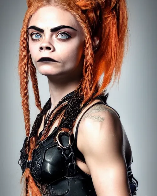 Prompt: fantasy character portrait photo. female dwarf. short, broad, extremely ripped. broad face resembles cara delevingne but very squat. wide face, androgynous but pretty. elaborately braided orangepink hair. long sidebuns, downy cheeks. thick bushy groomed red eyebrows with multiple piercings. tan leather vest, bare bodybuilder shoulders. kohl, lipgloss