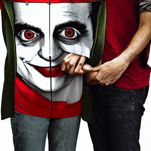 Prompt: mimmo rottela and banksy as joaquin phoenix skinny joker holding hand lady gaga harley queen, photorealistic, intricate details, pop art style, concept art, details object, random object movement, 3 colors, 4 k, 4 d, smooth, sharp focus