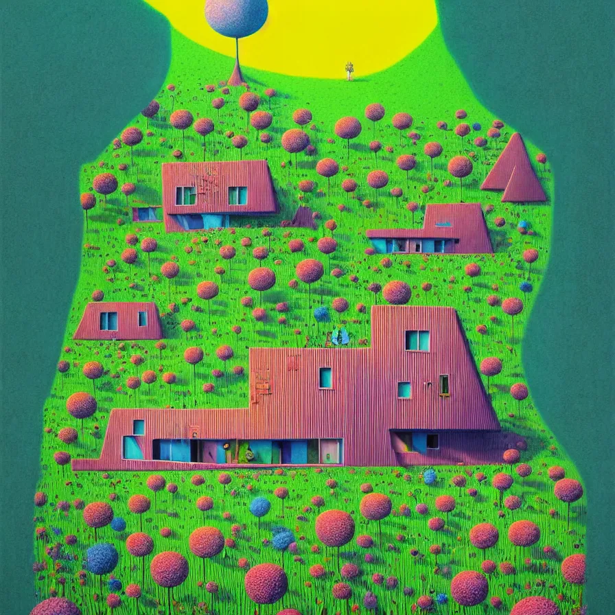 Image similar to surreal glimpse into other universe, house by norman foster, summer morning, very coherent and colorful high contrast, art by gediminas pranckevicius, geof darrow,!!! tove jansson!!!, floralpunk screen printing woodblock, dark shadows, hard lighting, stipple brush technique,