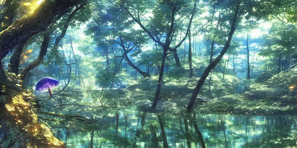 Prompt: jelly fungus spreading over river inside forest, art by makoto shinkai and alan bean, yukito kishiro