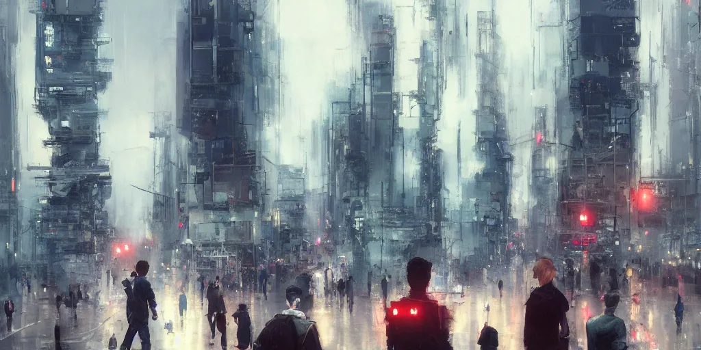 Image similar to orwellian metropolitan city with citizens staring at their phones walking on the street by yoshitaka amano, by ruan jia, by conrad roset, by kilian eng, by good smile company, high detail, digital painting, industrial art, cinematic lighting, artstation, cgsociety, 3 5 mm film grain