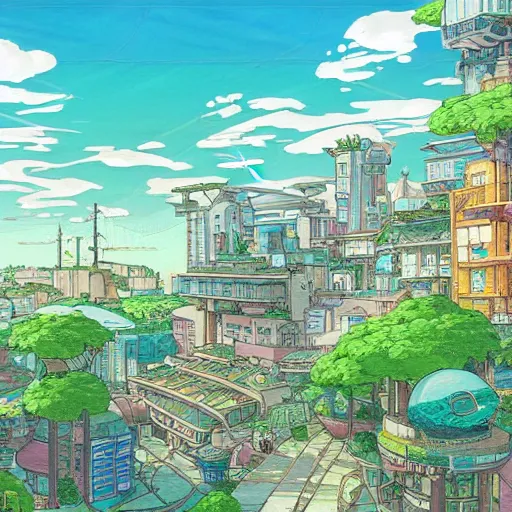 Image similar to a solarpunk city in the style of studio ghibli