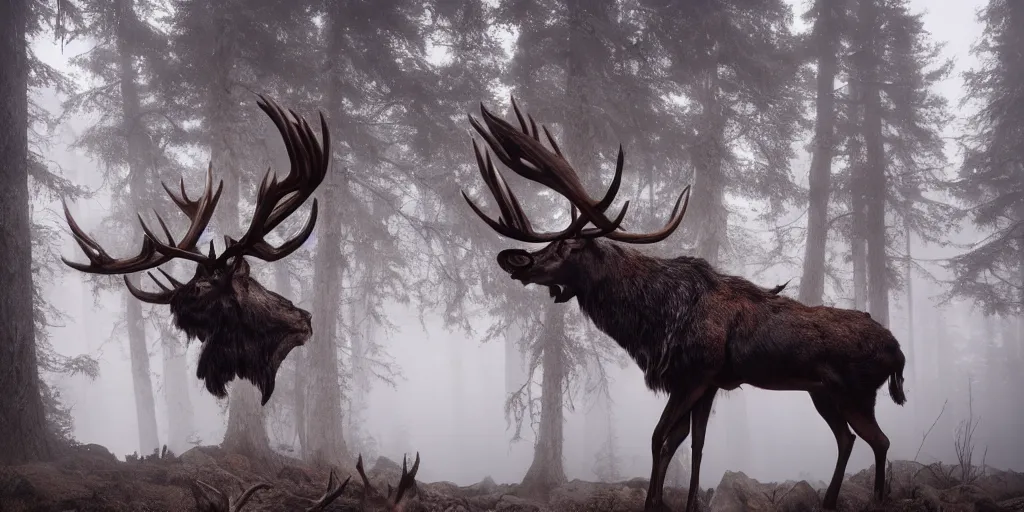 Image similar to leshen with deer skull head, and moose horns, ram skulls, grand imposing powerful sculpture. swirls of mist. occult photorealism, uhd, amazing depth, volumetric lighting, cinematic lighting. epic landscape.