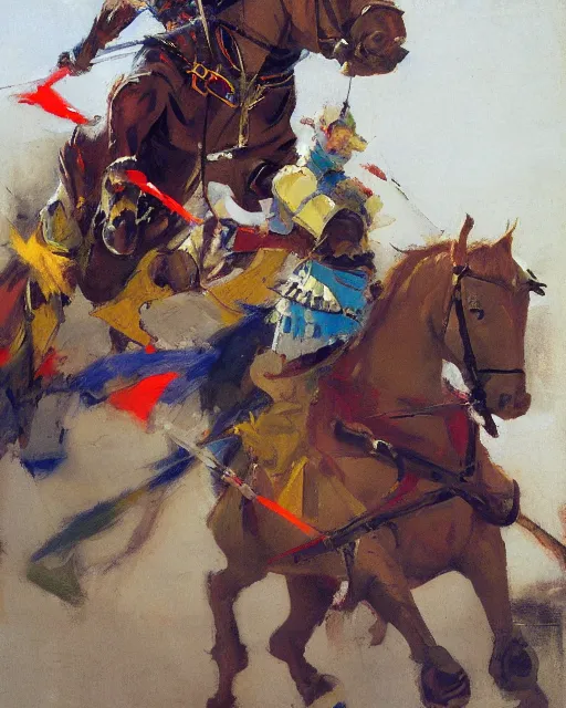 Image similar to close - up portrait of colorful rider pointing jousting lance at camera, caparisons, galloping, chainmail, by greg manchess, bernie fuchs, ruan jia, walter everett