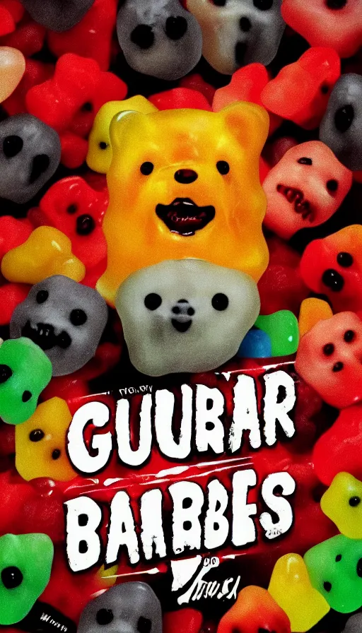 Prompt: poster for horror movie about gummy bears with text “Gummy Bear”
