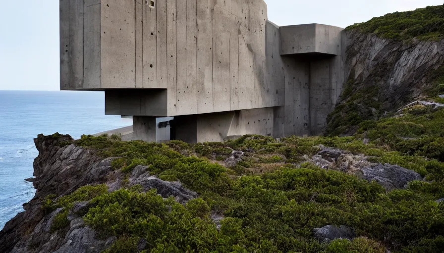 Image similar to coastal perched on a cliff overlooking a magnificient bay, big brutalism architecture on cliffs, drawing architecture, pritzker architecture prize, greig fraser