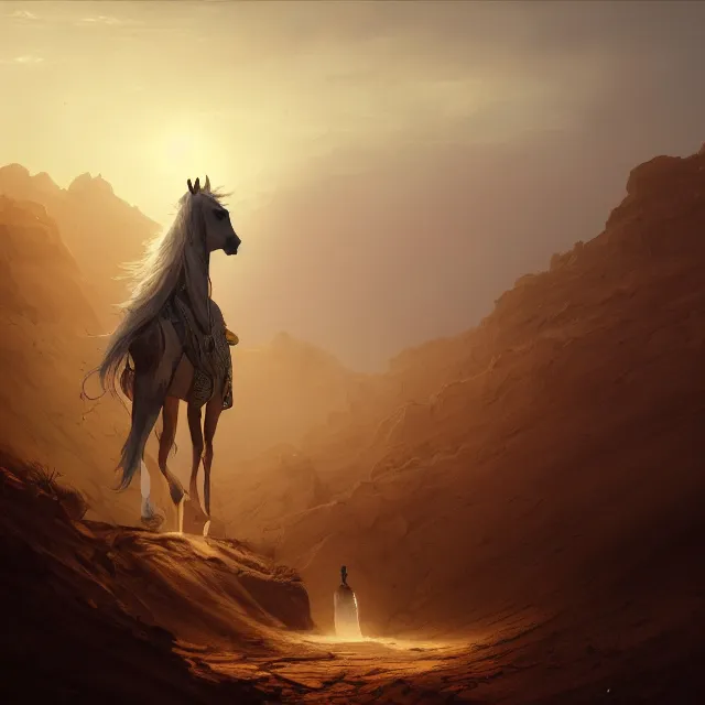 Prompt: arabian horse in the desert, environment, illustration, symmetrical, smoky, unreal engine, colors, epic scene, fantasy art by greg rutkowski,, golden raito, high quality, intricate details, details, intricate, atmosphere, highly detailed, matte painting, cinematic, deviantart, realistic, concept art, 4 k