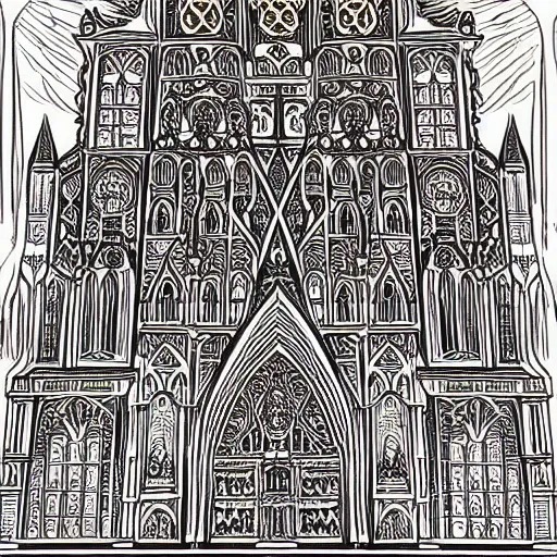 Prompt: An intricate gothic illustration of a big cathedral, vibrant orange line work, tarot, intricate details, symmetry