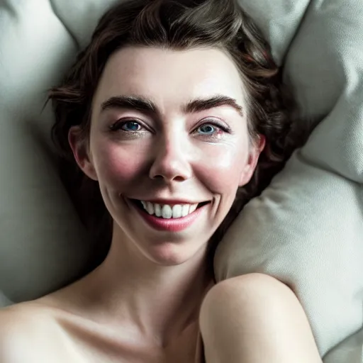 Image similar to stunning photo of dark - haired goddess vanessa kirby smiling, laying back on a pillow, with white tears running down her face, a beautiful closeup, wet lips, perfect eyes, insanely detailed, elegant, by mucha, wlop, rutkowski, livia prima