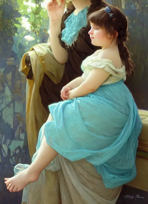 Image similar to a cute little girl with a round cherubic face, blue eyes, and short wavy light brown hair hugging her grandma. she is wearing a turquoise dress. beautiful painting by artgerm and greg rutkowski and alphonse mucha