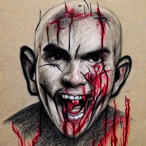 Prompt: a drawing, made with charcoal and blood on a skin parchment by an insane!! person showing an evil grinning billy bob Thornton.