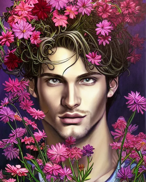 Image similar to a painting of a beautiful man surrounded by flowers, an ultrafine detailed painting, by mark brooks, centered full body, featured on deviantart, fantasy art, detailed painting, deviantart, anime