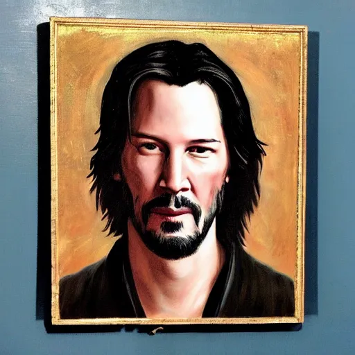 Image similar to a renaissance style portrait painting of Keanu Reeves