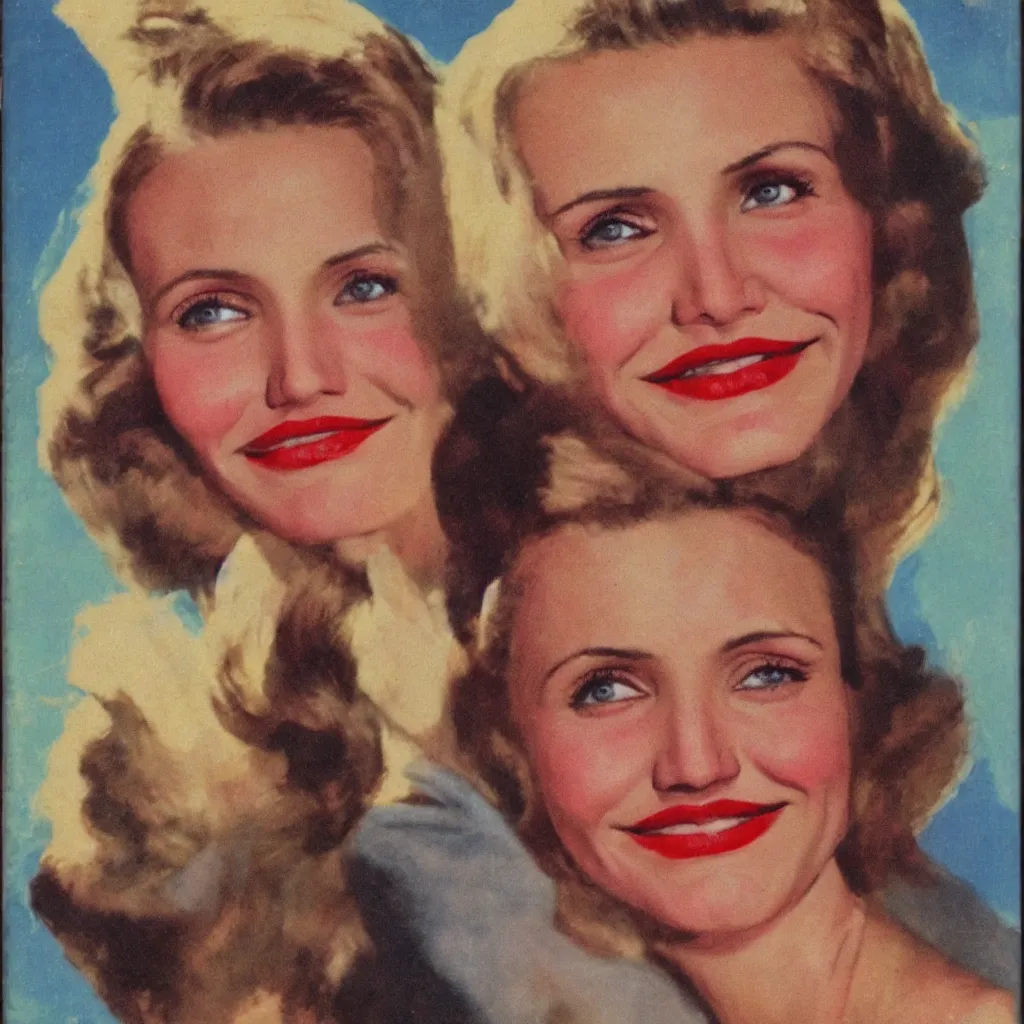 Image similar to Cameron Diaz portrait, color vintage magazine illustration 1950