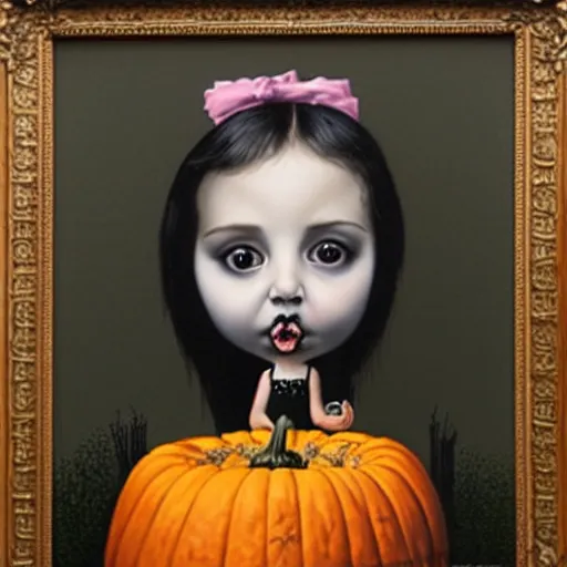 Prompt: Girl eats a giant pumpkin, painting by Mark Ryden