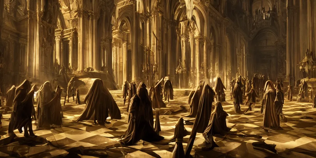 Prompt: beautiful oil matte painting, black plague infected people meeting the grim reaper inside a baroque cathedral, wonderful masterpiece highly detailed, beautiful cinematic light deep focus, elegant, digital painting, smooth, sharp focus, golden ratio, dramatic illumination, ultra realistic, 8 k, art by salvator rosa