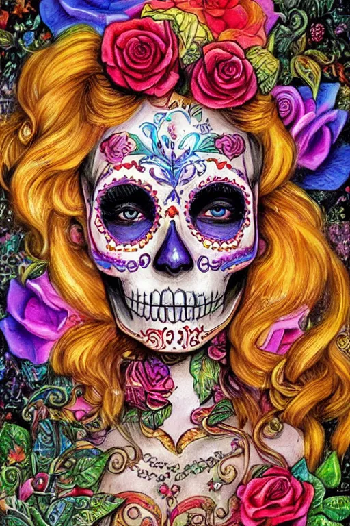 Prompt: Illustration of a sugar skull day of the dead girl, art by josephine wall