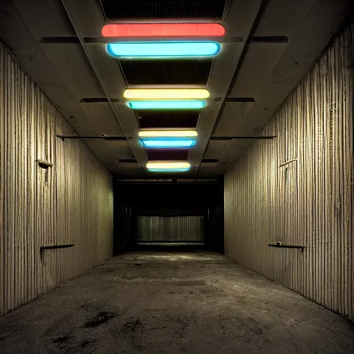 Image similar to noisy color photograph of a retrofuturist liminal space, dark pit, minimalist, cinematic, soft vintage glow