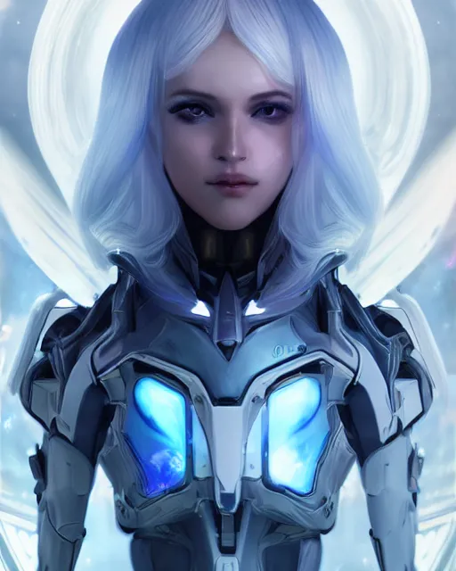 Image similar to perfect android girl on a mothership, warframe armor, beautiful face, scifi, futuristic, galaxy, nebula, raytracing, dreamy, long white hair, blue cyborg eyes, sharp focus, cinematic lighting, highly detailed, artstation, divine, by gauthier leblanc, kazuya takahashi, huifeng huang