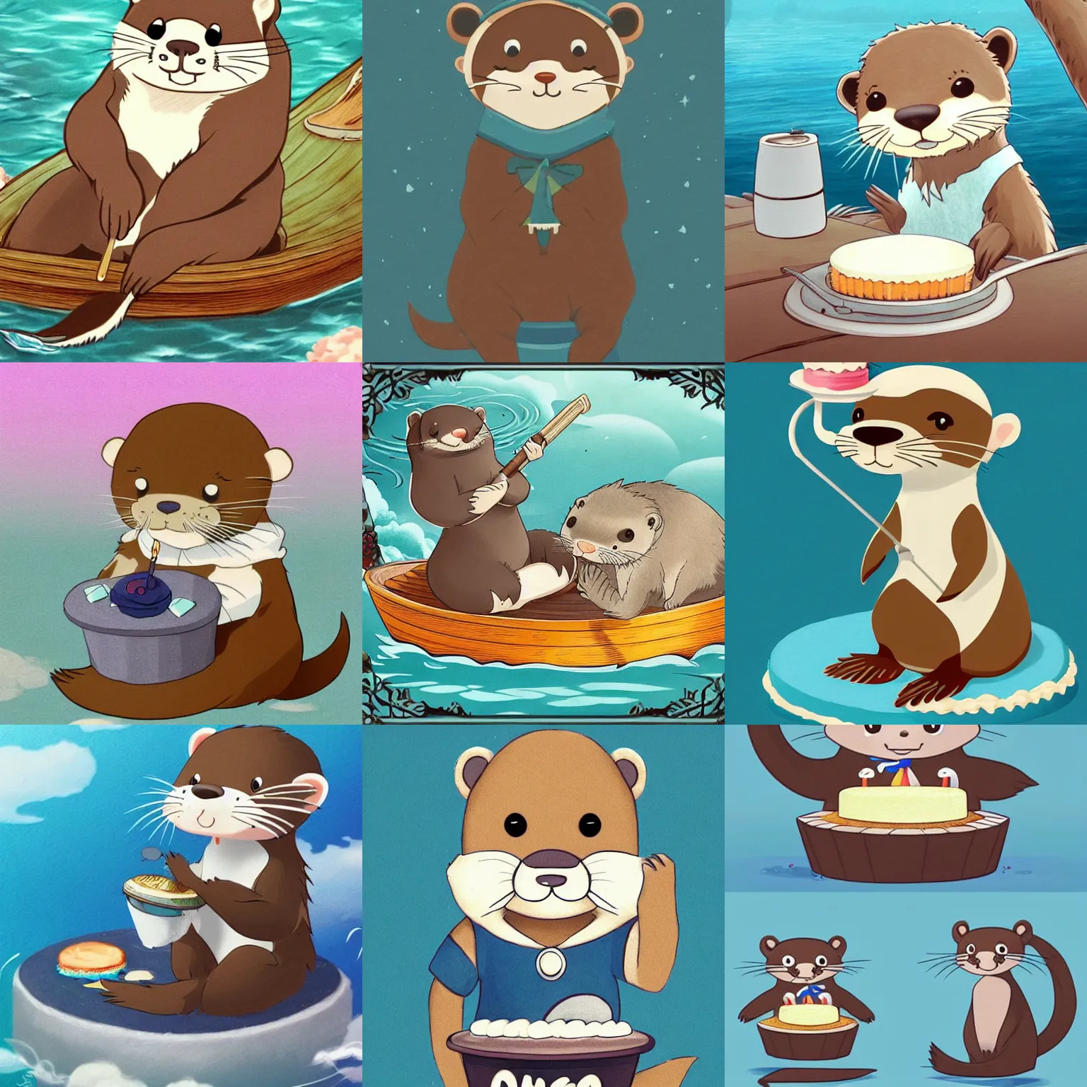 Prompt: cute otter sailor eat cake, graphic art, rgba, 8 k hd resolution, pinterest, dynamic character, concept art, 8 k ultra realistic, intricate details, ultra detailed, reduce character duplication, in style of hayao miyazaki