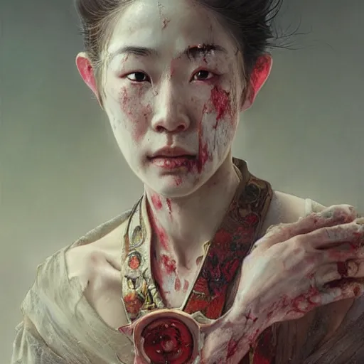 Image similar to portrait painting of a bloodied north japanese female butcher, ultra realistic, concept art, intricate details, eerie, highly detailed, photorealistic, octane render, 8 k, unreal engine. art by artgerm and greg rutkowski and alphonse mucha