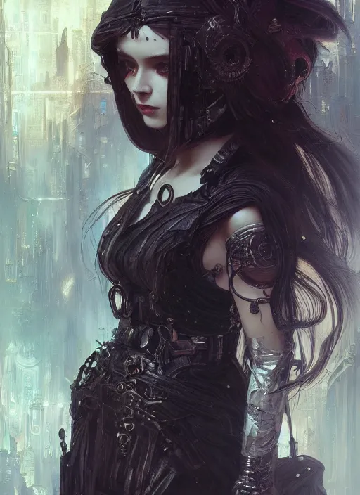 Image similar to portrait of cute little gothic girl, warhammer 40000, cyberpunk, intricate, elegant, highly detailed, digital painting, artstation, concept art, smooth, sharp focus, illustration, art by artgerm and greg rutkowski and alphonse mucha and Gustav Klimt