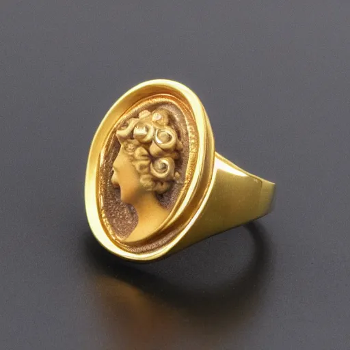 Prompt: complex golden ring with cameo and gems on the female model hand eith bust, 8k, details, architect plan