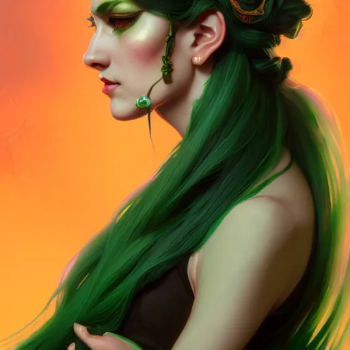 Prompt: aristocrat, green black orange color palette, female, d & d, fantasy, intricate, elegant, highly detailed, long green hair, digital painting, artstation, octane render, concept art, matte, sharp focus, illustration, hearthstone, art by artgerm, alphonse mucha johannes voss