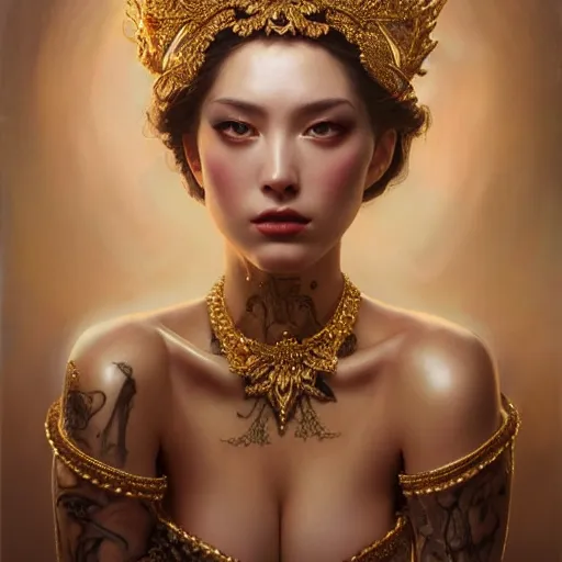 Prompt: expressive oil painting, of alluring european princess, seductive look, smirking, smooth glowing skin, glistening body, love, adoration, sweat, tattoos, ornate headpiece made of pins, glamour shot, by yoshitaka amano, by greg rutkowski, by jeremyg lipkinng, by artgerm, digital art, octane render, heavenly aesthetic