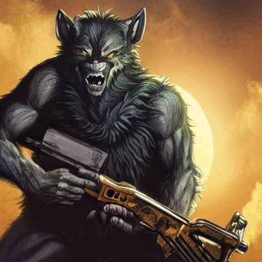 Image similar to a fearsome werewolf holding an ak - 4 7 in one hand and a elecric guitar in the other a full moon shies behind him, darkcinematic scene, super detailed, hyper realistic