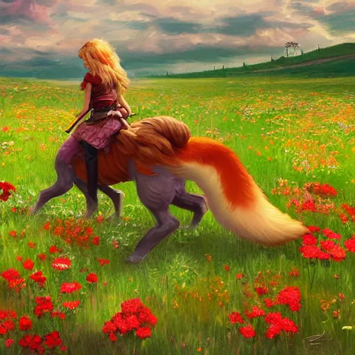 Image similar to girl riding a giant fox in a field of flowers, trending on artstation