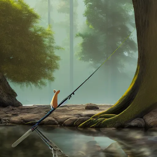 Image similar to painting of otter-fishman with fishing rod, stylized, octane render, morning forest river