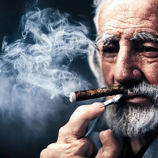 Image similar to portrait of old man smoking pipe, the smoke turns into his gray hair, realistic 4k octane beautifully detailed render, 4k post-processing, highly detailed, intricate complexity, epic composition, magical atmosphere, cinematic lighting, masterpiece, ultra hd