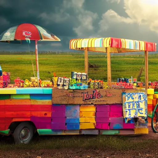 Image similar to super colorful pop rock candy, fruit stand on the side of a country dirt road, dramatic lighting, cinematic lighting, partly cloudy, 8 k, 4 k, trending on artstation cgsociety, octane ue 5