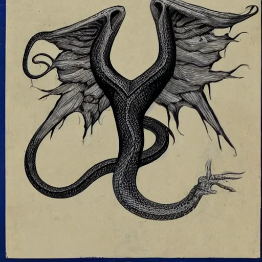 Image similar to an amalgamation of a snake, lizard, humanoid with one angelic wing and one demonic wing