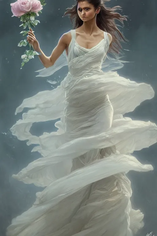 Image similar to Nina Dobrev dressed in a vaporous moving wrapped large victorian white roses organza dress fashion, D&D, fantasy, intricate, elegant, highly detailed, digital painting, artstation, concept art, matte, sharp focus, illustration, art by Artgerm and Greg Rutkowski and Alphonse Mucha