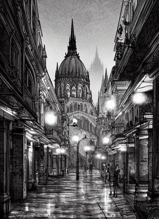 Image similar to Budapest , Dynamic lighting, cinematic, extremely high detail, photo realistic, cinematic lighting, pen and ink, intricate line drawings, post processed, artstation, matte painting, style by Paru Itagaki